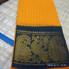 Traditional Handicraft Madurai Sungudi Cotton Fabric Yellow And Blue Zari Border Colour Saree Of Tam