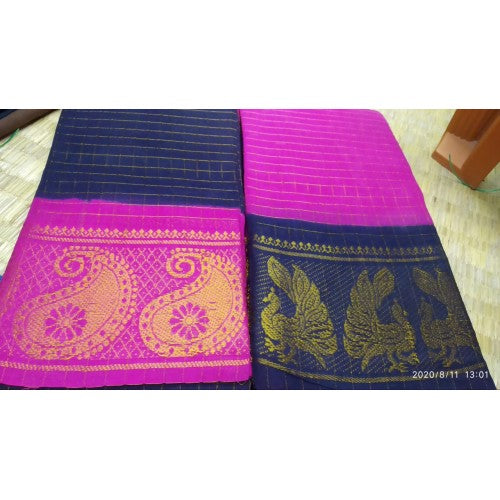 Traditional Handicraft Madurai Sungudi Cotton Fabric Dark Blue And Pink Zari Border Saree