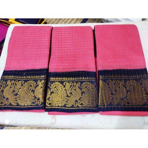 Delightful Handicraft Madurai Sungudi Cotton Fabric Pink And Dark Blue Zari Border Colour Saree