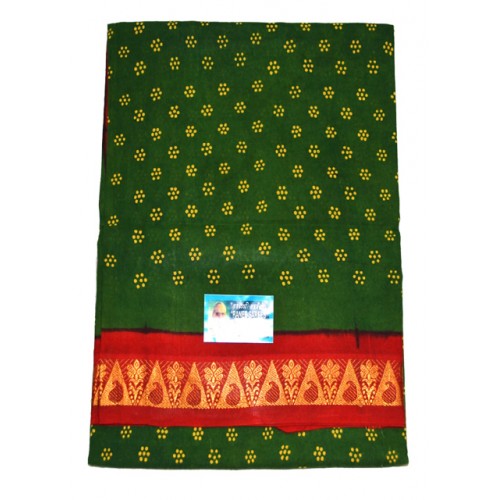 Traditional Madurai Sungudi Cotton Green Saree with Beautiful Red Border for Women