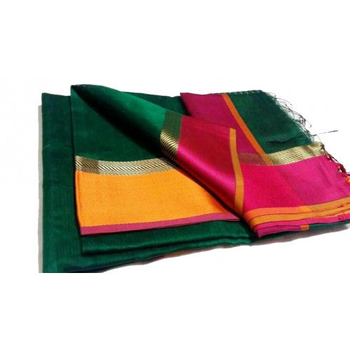 Maheshwari Dark Green Saree With Border & Zalar Pallu For Women By Ahilya Handloom