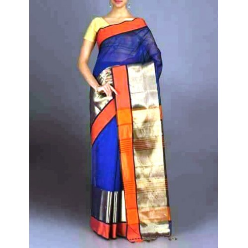 Maheshwari Royal Blue Saree With Border & Zalar Pallu For Women By Ahilya Handloom