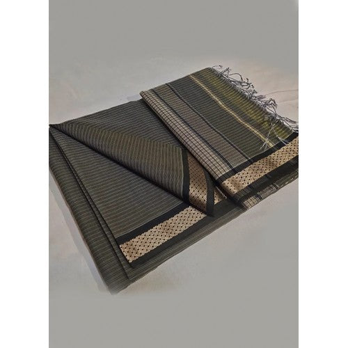 Traditional Handloom Maheshwar Ganga Jamuna Border Design Saree In Black And Golden Colour For Women