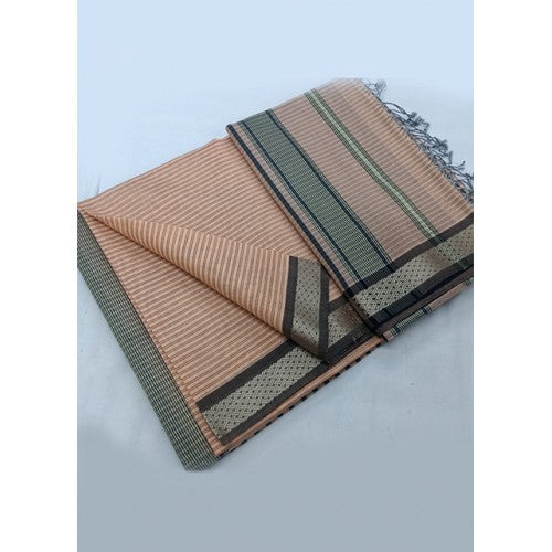 Traditional Handloom Maheshwar Ganga Jamuna Border Design Saree In Black And Peach Colour For Women