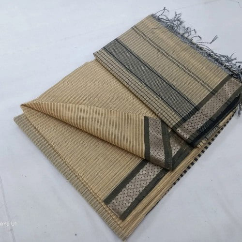 Traditional Handloom Maheshwar Ganga Jamuna Border Design Saree In Beige Colour For Women