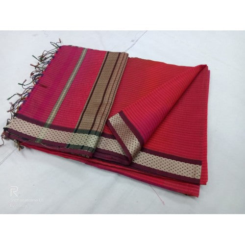 Traditional Handloom Maheshwar Ganga Jamuna Border Design Saree In Pink Colour For Women