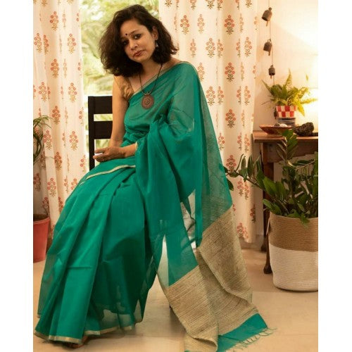 Latest Fashionable Handmade Green Colour Maheshwar Saree For Women