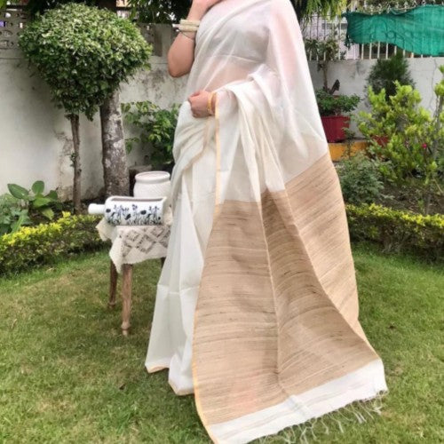 Traditional Handloom Maheshwar Khatiya Border Design Silk Pallu Saree In White Colour For Women