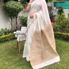 Traditional Handloom Maheshwar Khatiya Border Design Silk Pallu Saree In White Colour For Women