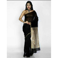 Traditional Handloom Maheshwar Khatiya Border Design Silk Pallu Saree In Black Colour For Women