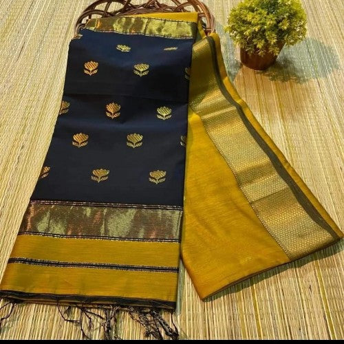 Exotic Blue - Mustard Maheshwari Silk And Cotton Saree With Zari Weave