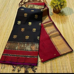 Exotic Dark Blue - Maroon Maheshwari Silk And Cotton Saree With Zari Weave