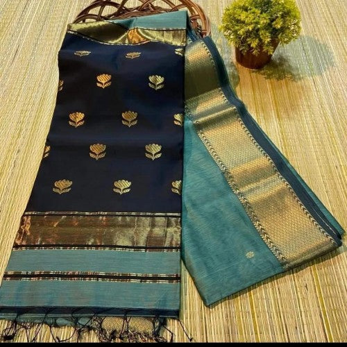 Exotic Dark Blue - Grey Maheshwari Silk And Cotton Saree With Zari Weave