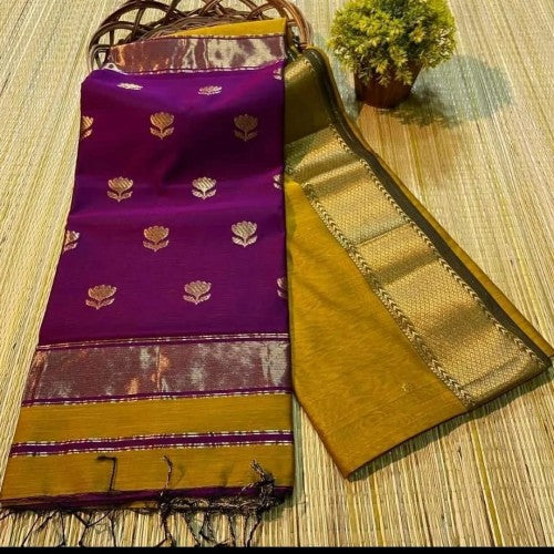 Exotic Purple - Mustard Maheshwari Silk And Cotton Saree With Zari Weave
