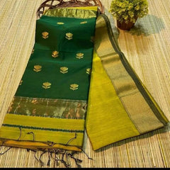 Exotic Green - Mustard Maheshwari Silk And Cotton Saree With Zari Weave