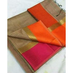 Traditional Handloom Maheshwar 3 Patta Border Design In Golden, Red, And Orange Colour For Women