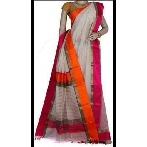 Traditional Handloom Maheshwar 3 Patta Border Design In White, Orange, And Red Colour For Women