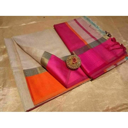 Traditional Handloom Maheshwar 3 Patta Border Design In Beige, Orange, And Pink Colour For Women