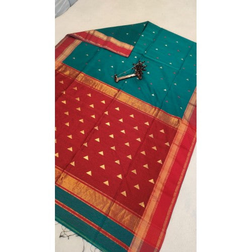 Teal & Red Toned Maheshwari Cotton-Silk Saree