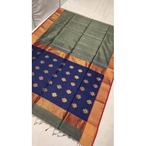 Army Green Color Maheshwari Cotton-Silk Saree With Star Buta Work