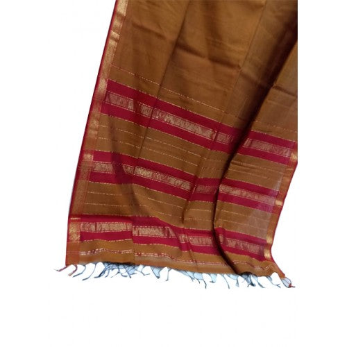 Traditional Handloom Maheshwar Zari Border And Pallu Saree In Brown Colour For Women