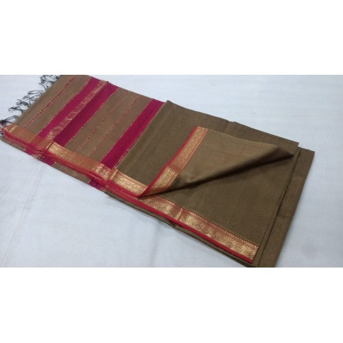 Traditional Handloom Maheshwar Zari Border And Pallu Saree In Mehandi Colour For Women