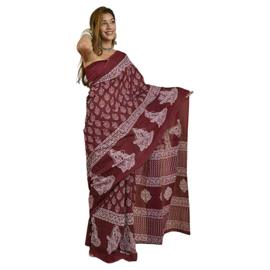 Maroon and White colour Bagru Print Saree