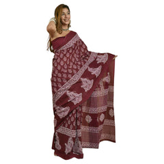 Maroon and White colour Bagru Print Saree