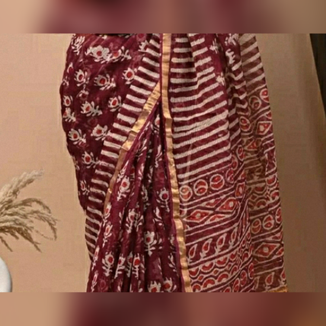 Maroon Colour Printed Kota Doria Pure Cotton Saree