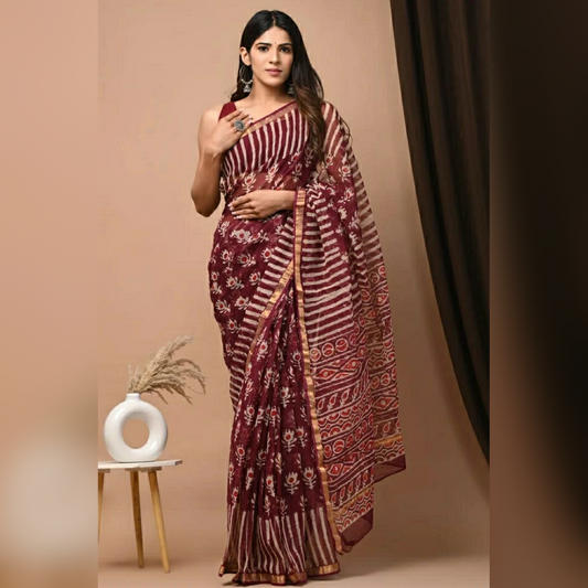 Maroon Colour Printed Kota Doria Pure Cotton Saree