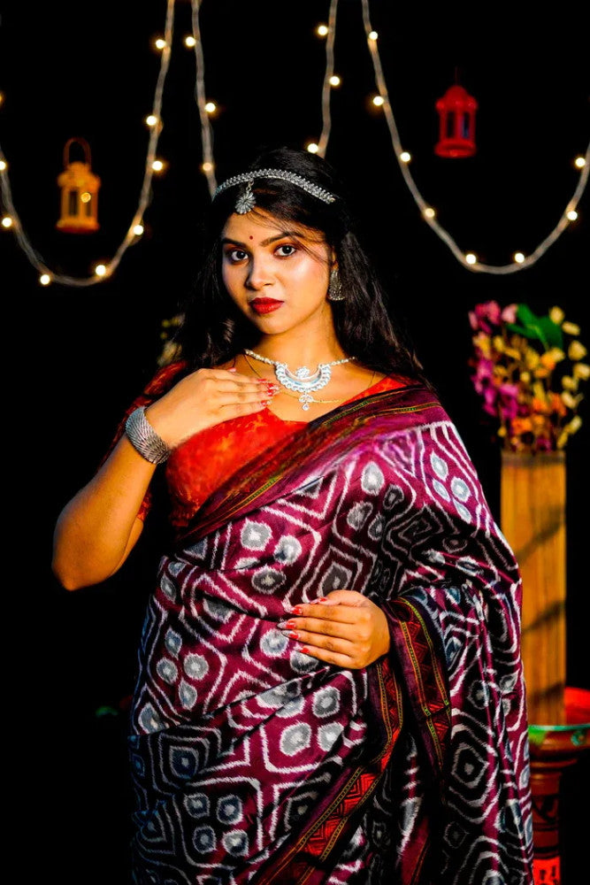 Maroon Geometric Design Ikkat Saree