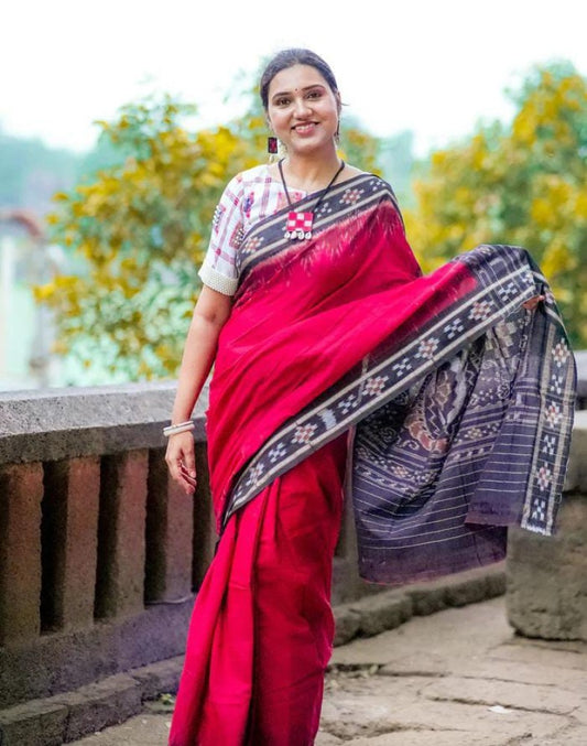 Maroon Kumbha Pasapali Border Khandua Cotton Saree