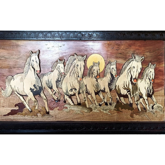 Mighty Seven White Horses Gallop Rosewood Inlay Painting