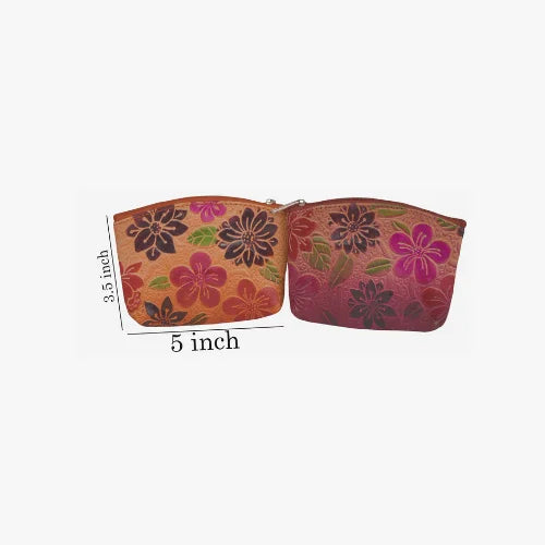 Mini Pouch with Flower Print Orange & Maroon