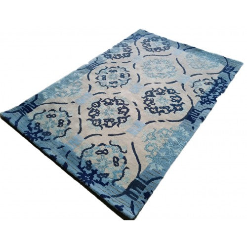 Traditional Handicraft Long Lasting Ever Mirzapur Pure Woollen Silk Blue Beige Colour Dari For Daily