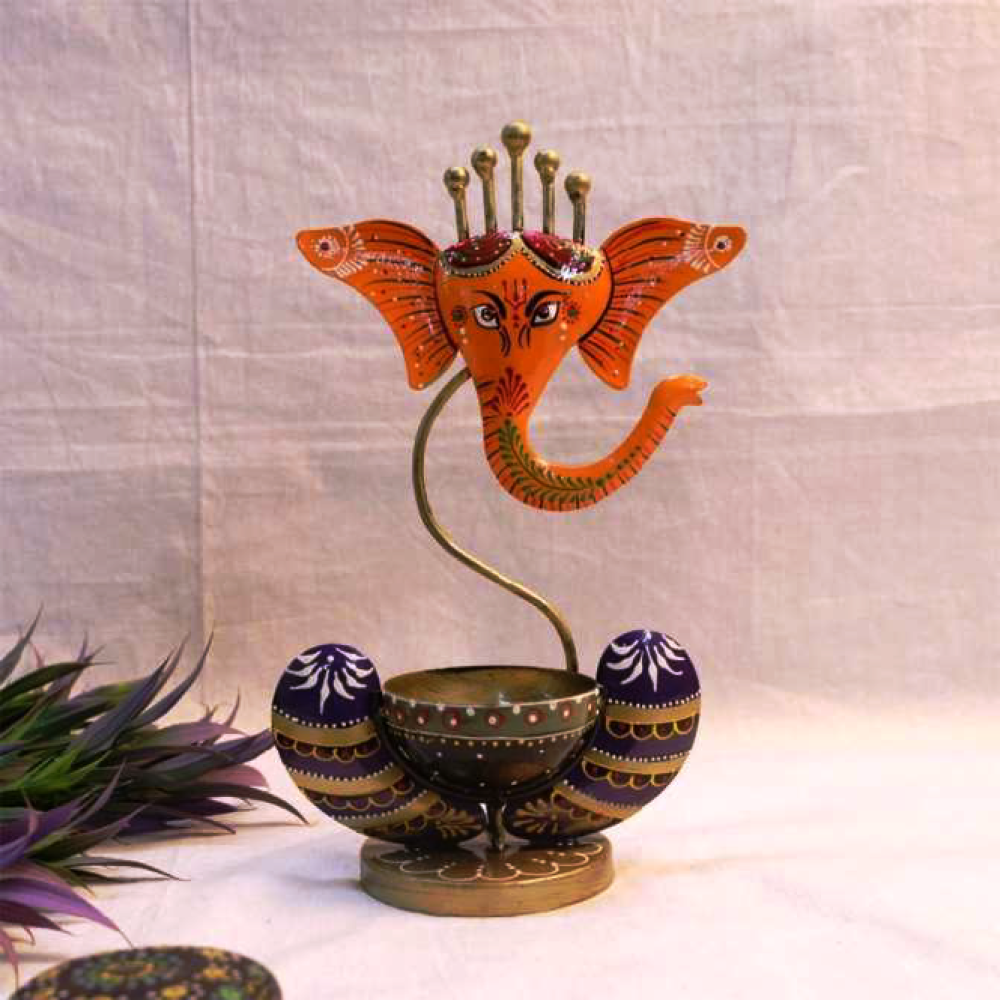Multicolour Iron Painted Ganesha Tealight Yellow Décor