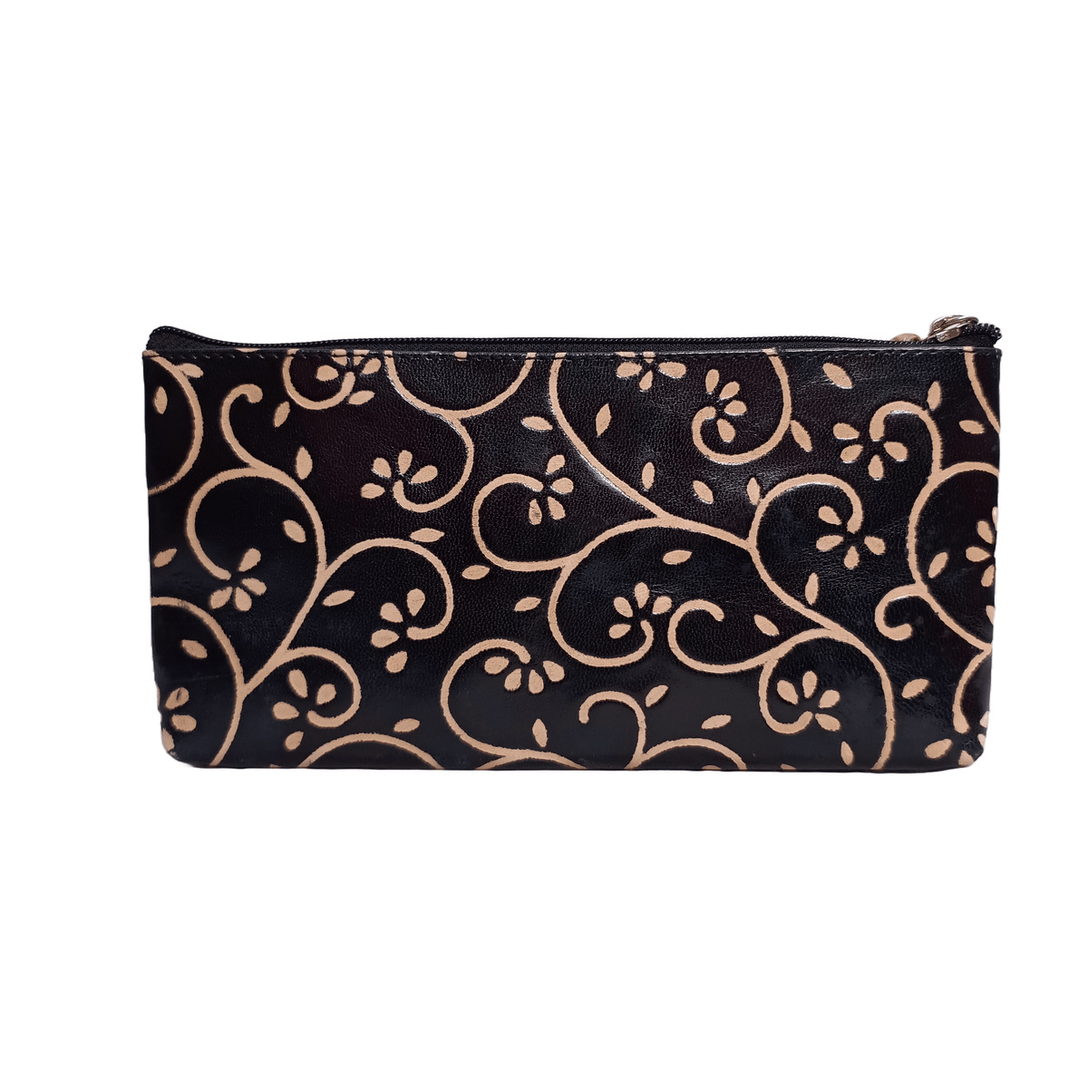 Multipurpose flower print full zip Leather pouch black