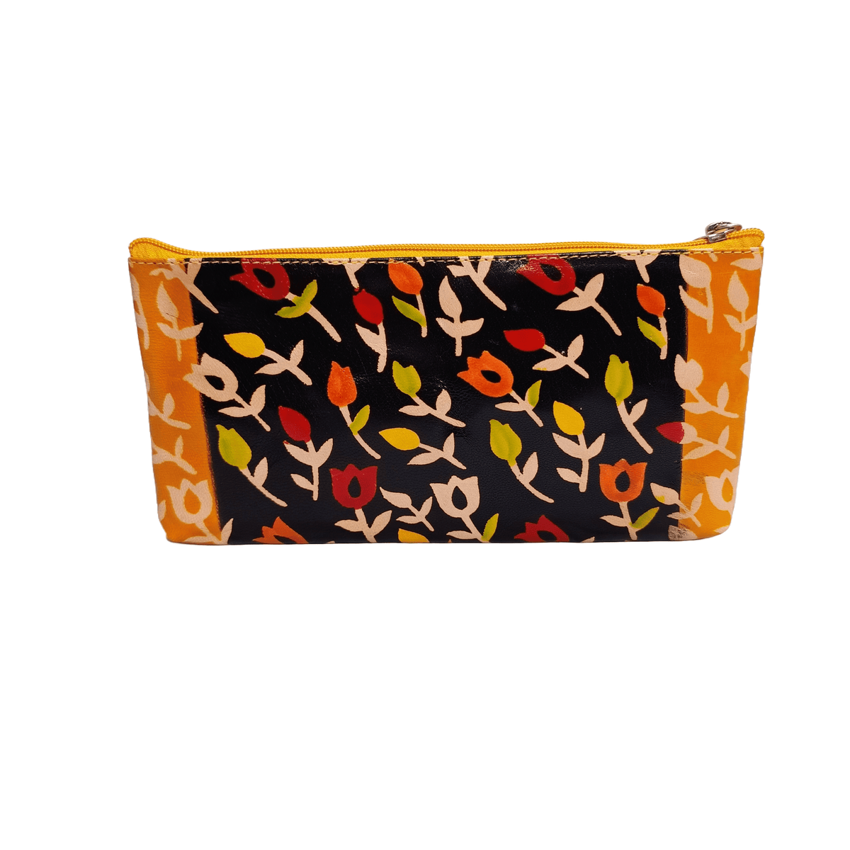 Multipurpose flower print full zip Leather pouch Black Yellow