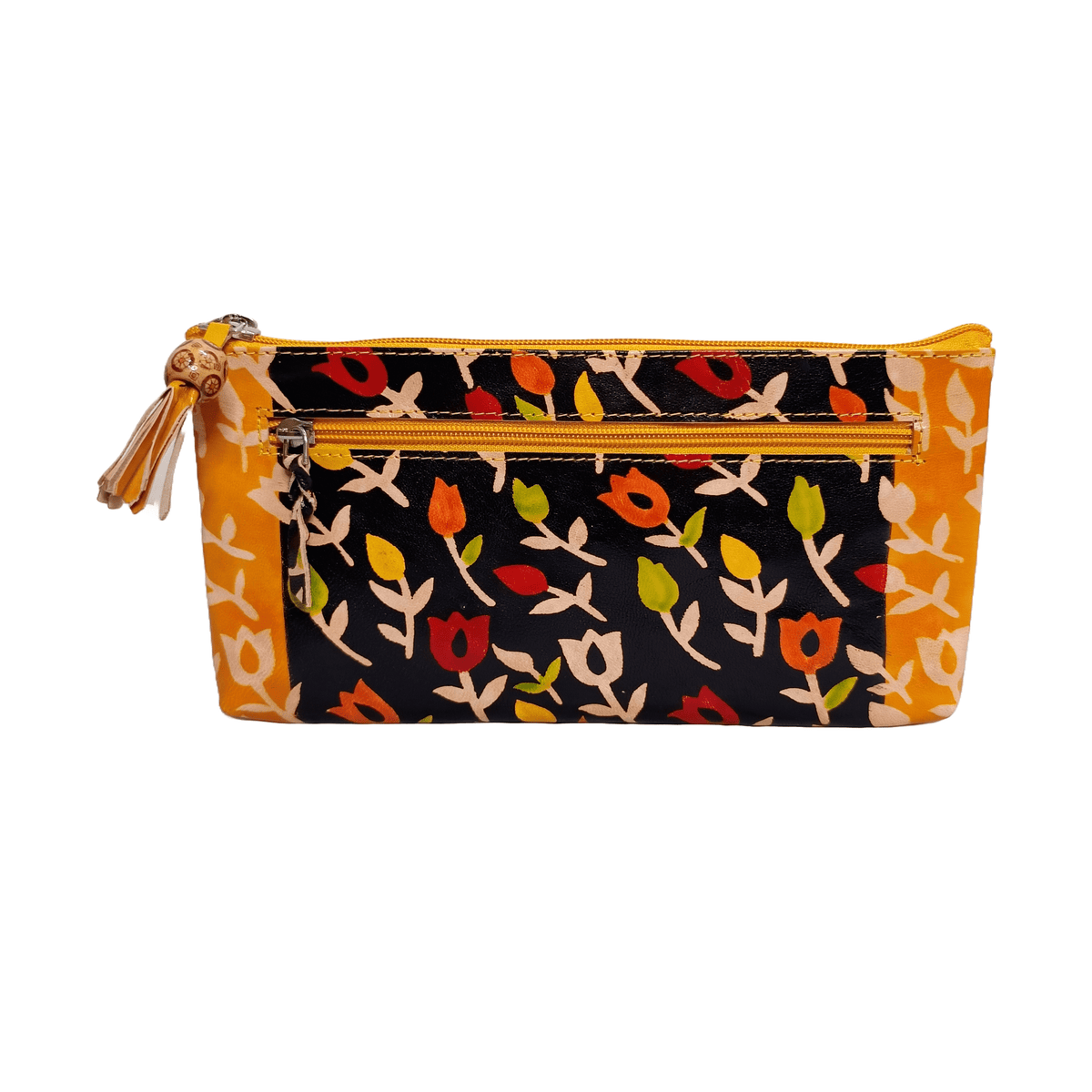 Multipurpose flower print full zip Leather pouch Black Yellow