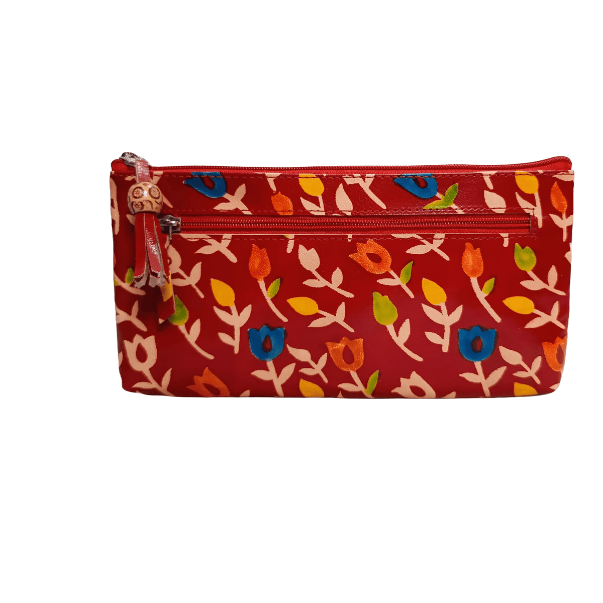 Multipurpose flower print full zip Leather pouch Maroon