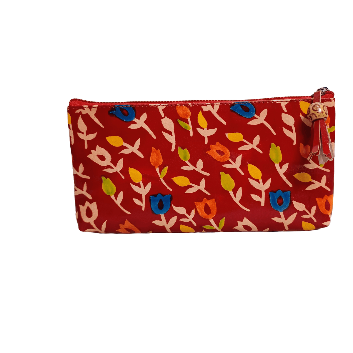Multipurpose flower print full zip Leather pouch Maroon