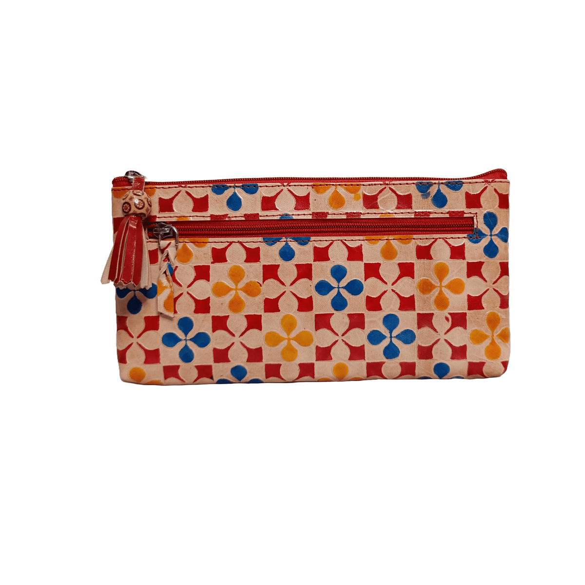 Multipurpose flower print full zip Leather pouch Multicolour