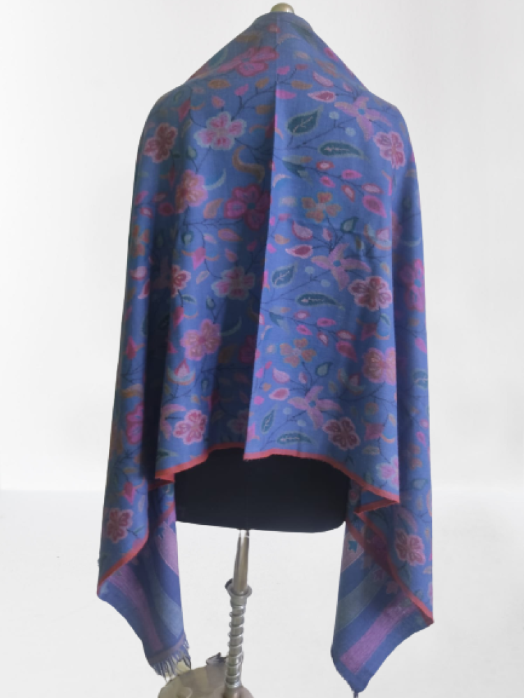 Musky Ink Blue Floral Design Kani Shawl