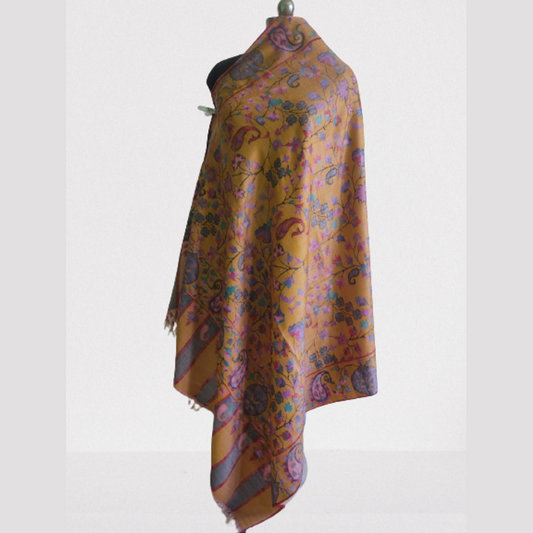 Mustard Yellow Floral Design Kani Shawl