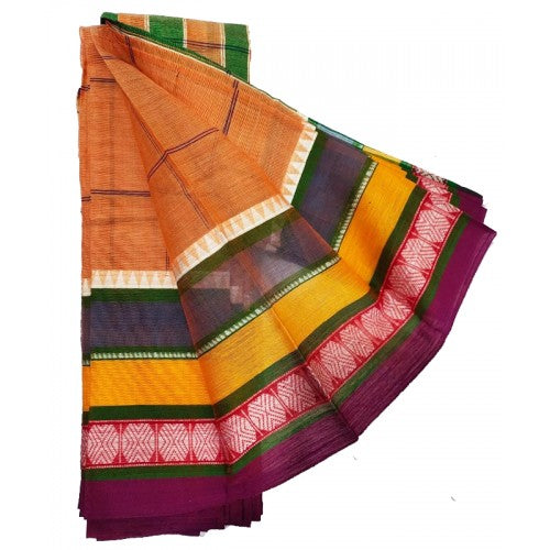 Fancy Orange Cotton Handloom Narayanpet Saree with Multicolor Border