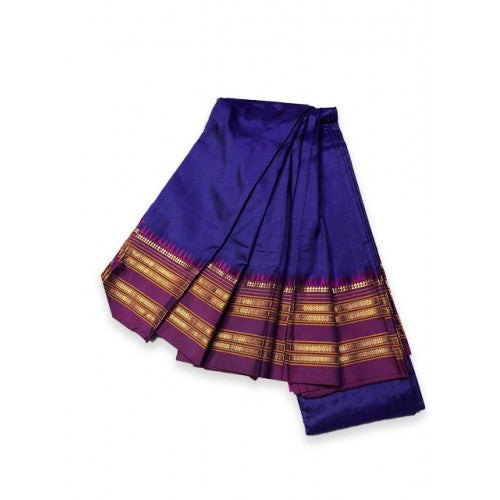 Traditional Narayanpet Handloom Woven Strips Dark Blue Colour Mulberry Silk Saree With Elegant Pallu