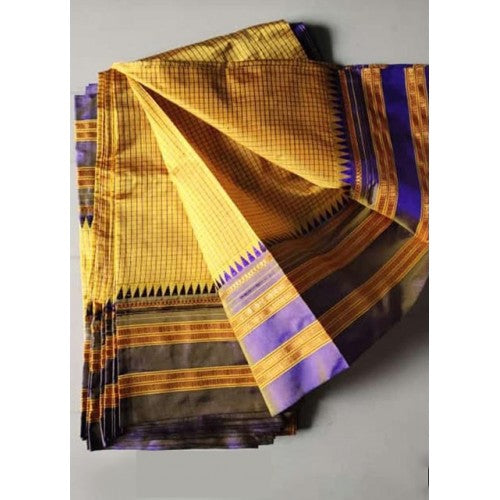 Traditional Narayanpet Handloom Woven Strips Yellow Colour Mulberry Silk Saree With Elegant Pallu Fo