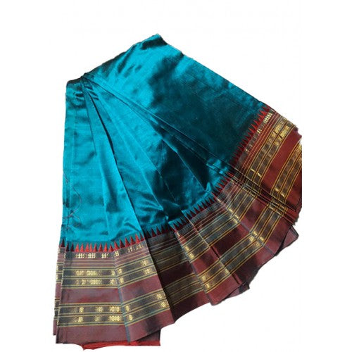 Traditional Narayanpet Handloom Woven Strips Sky Blue Colour Mulberry Silk Saree With Elegant Pallu