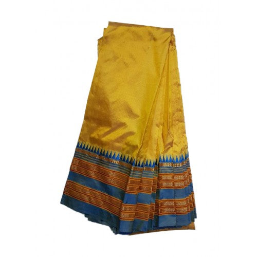 Traditional Narayanpet Handloom Woven Strips Yellow Colour Blue Border Mulberry Silk Saree With Eleg