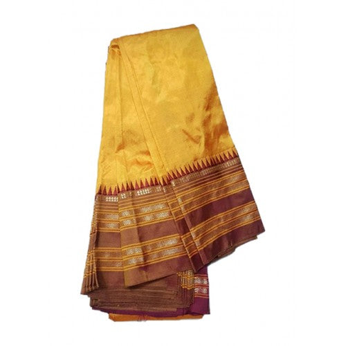 Traditional Narayanpet Handloom Woven Strips Yellow Colour Brown Border Mulberry Silk Saree With Ele